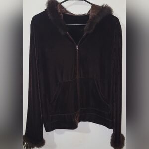 Womens Y2K Brown Fur Trim Velour Full Zip Up Hoodie Size XL